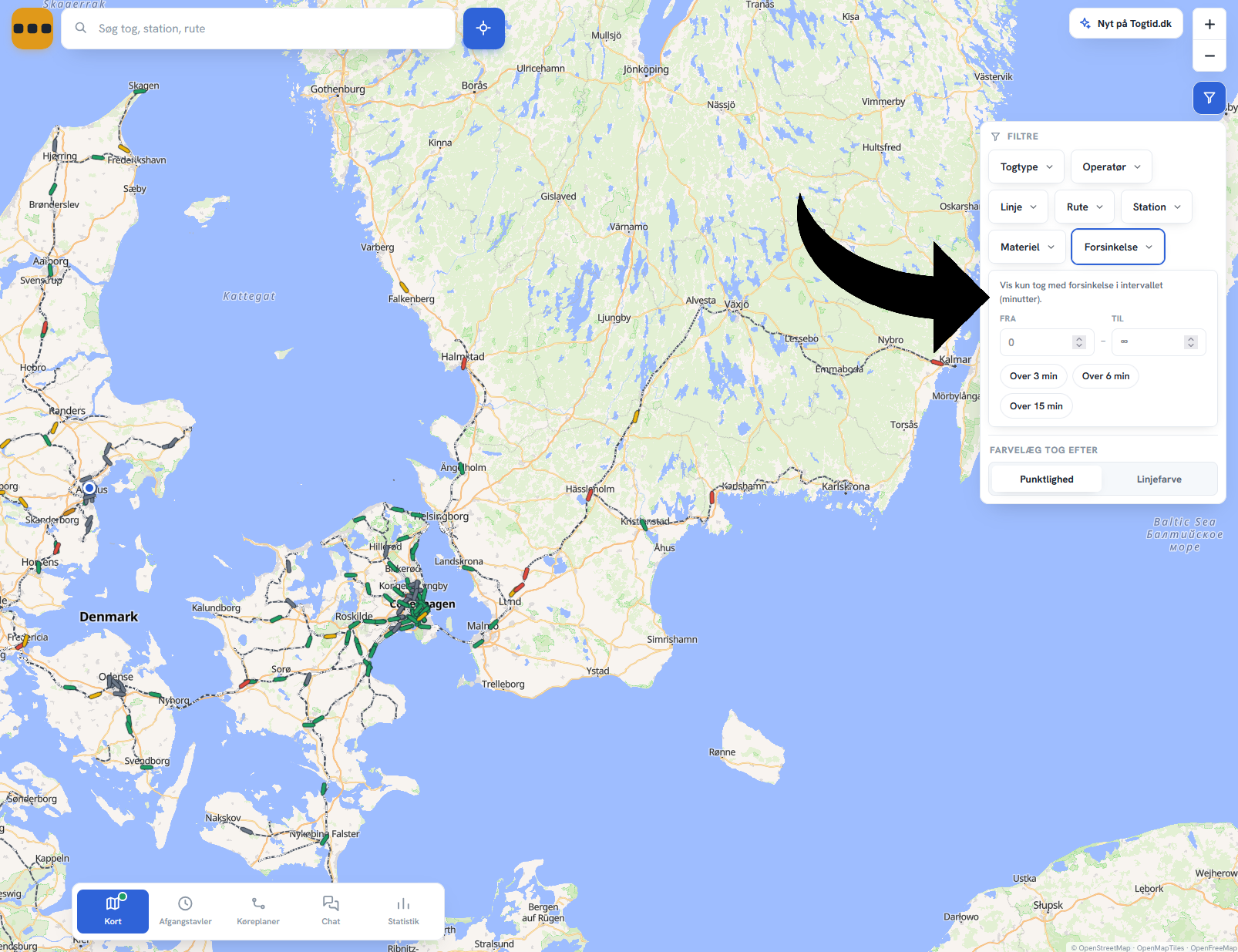 Filter der viser kun tog med mindst en bestemt forsinkelse