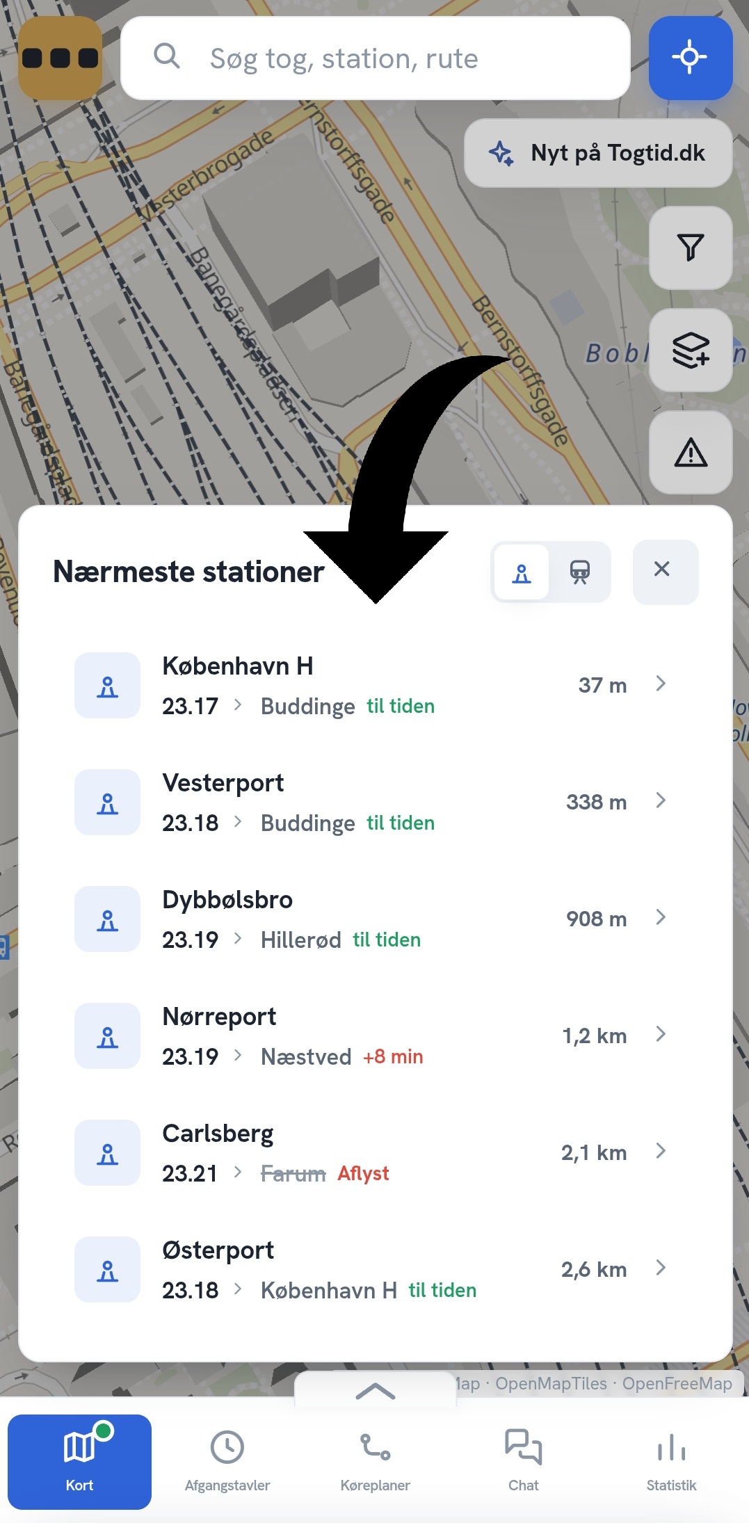 «Nærmest dig» med de nærmeste tog og de nærmeste stationer