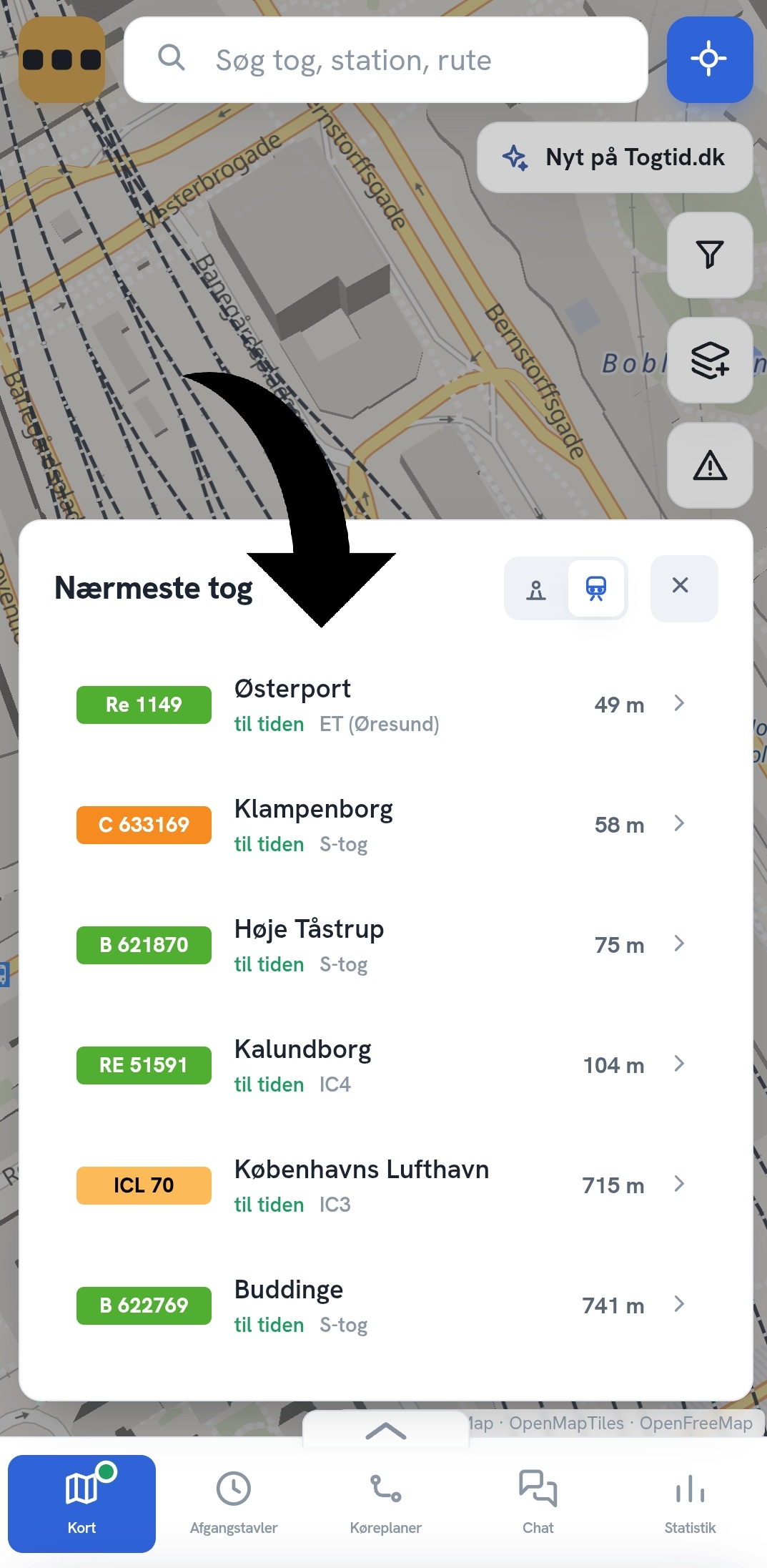 «Nærmest dig» med de nærmeste tog og de nærmeste stationer
