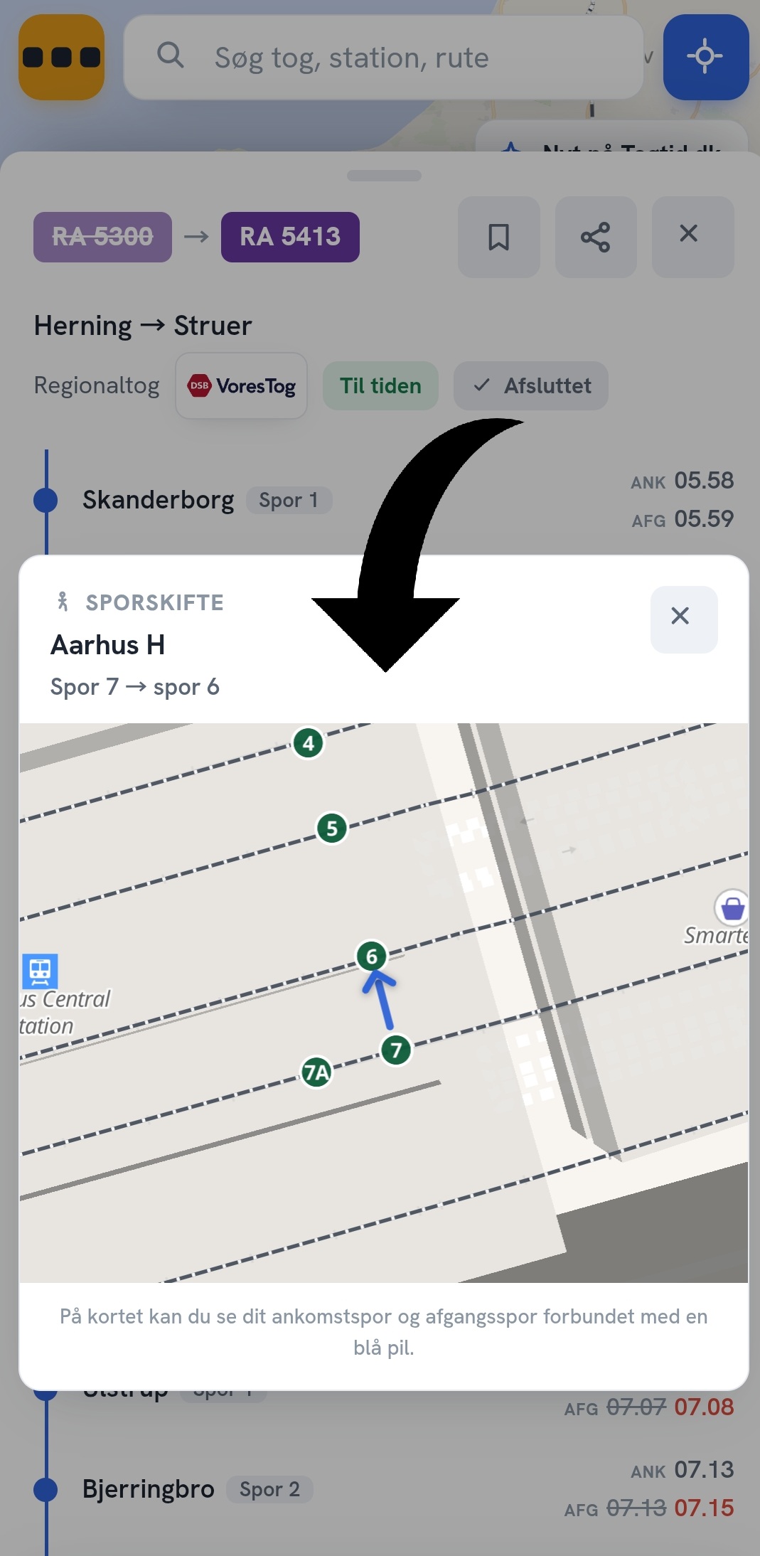 Kort over stationen med en pil fra ankomstsporet til afgangssporet